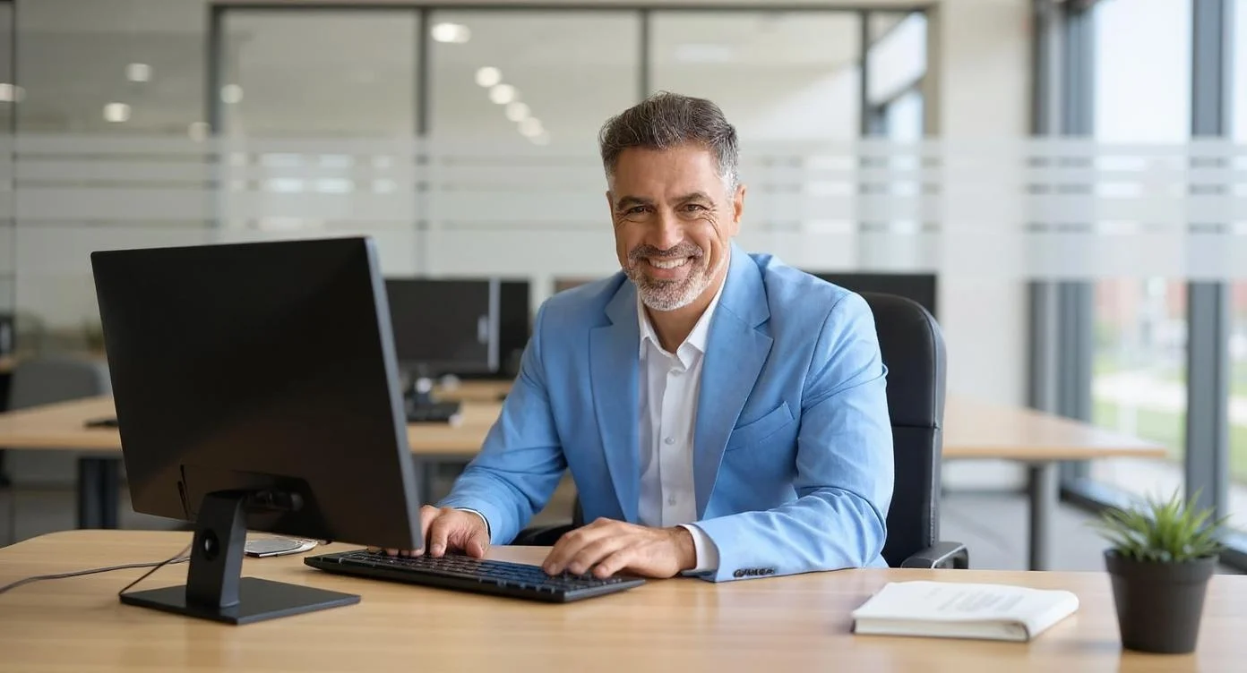 A SMILING WELL DREESED MAN SITS BEHIND A PC AT HIS DESK IN A OFFICE